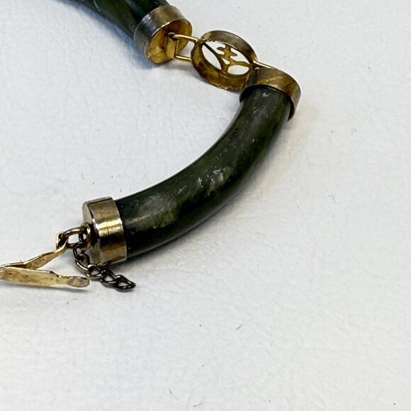 Nephrite Jade Circular Panel Bracelet Vintage Gold-Tone Chinese Symbols - Picture 5 of 10